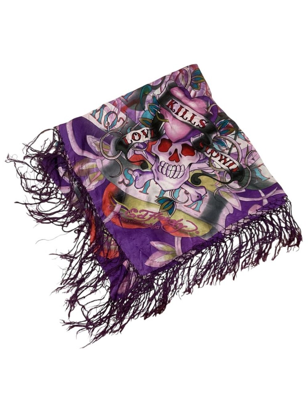 Vtg Ed Hardy for Christian Audigier Purple Scarf Love Kills Slowly Tattoo Print